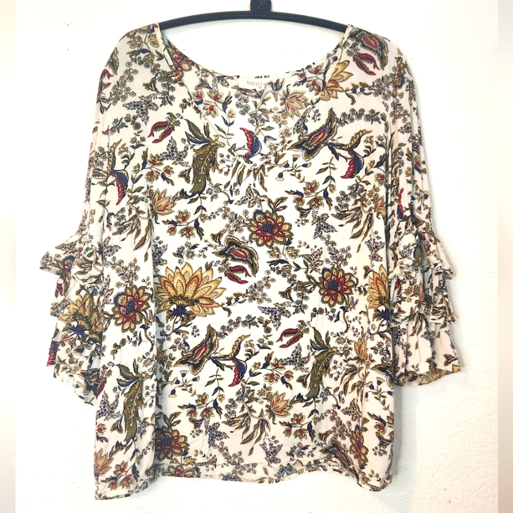 Solitaire Rayon Floral Ruffled 3/4 Sleeve Blouse, Size M